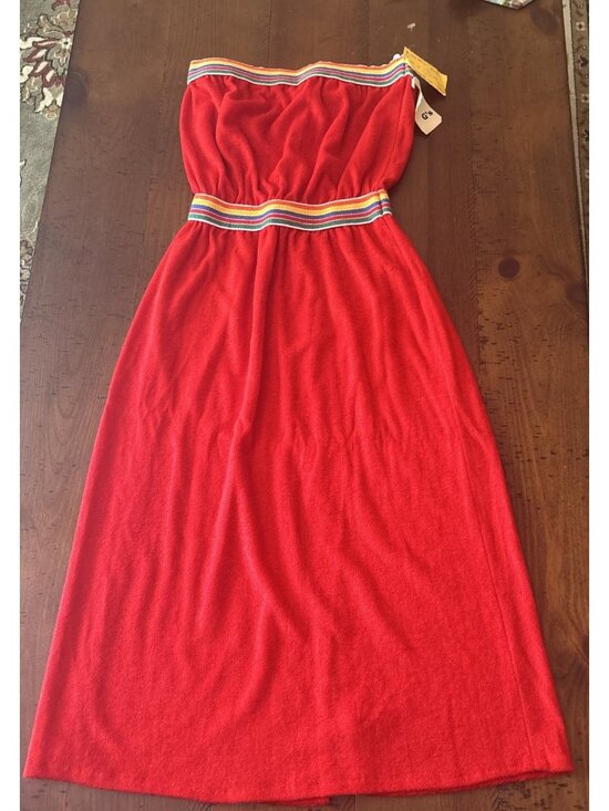 Vintage Red Dresses & Skirts - Vintage Red Terry cloth Dress Sundress Yellow Trim Size Large NOS 1970’s Runs Sm